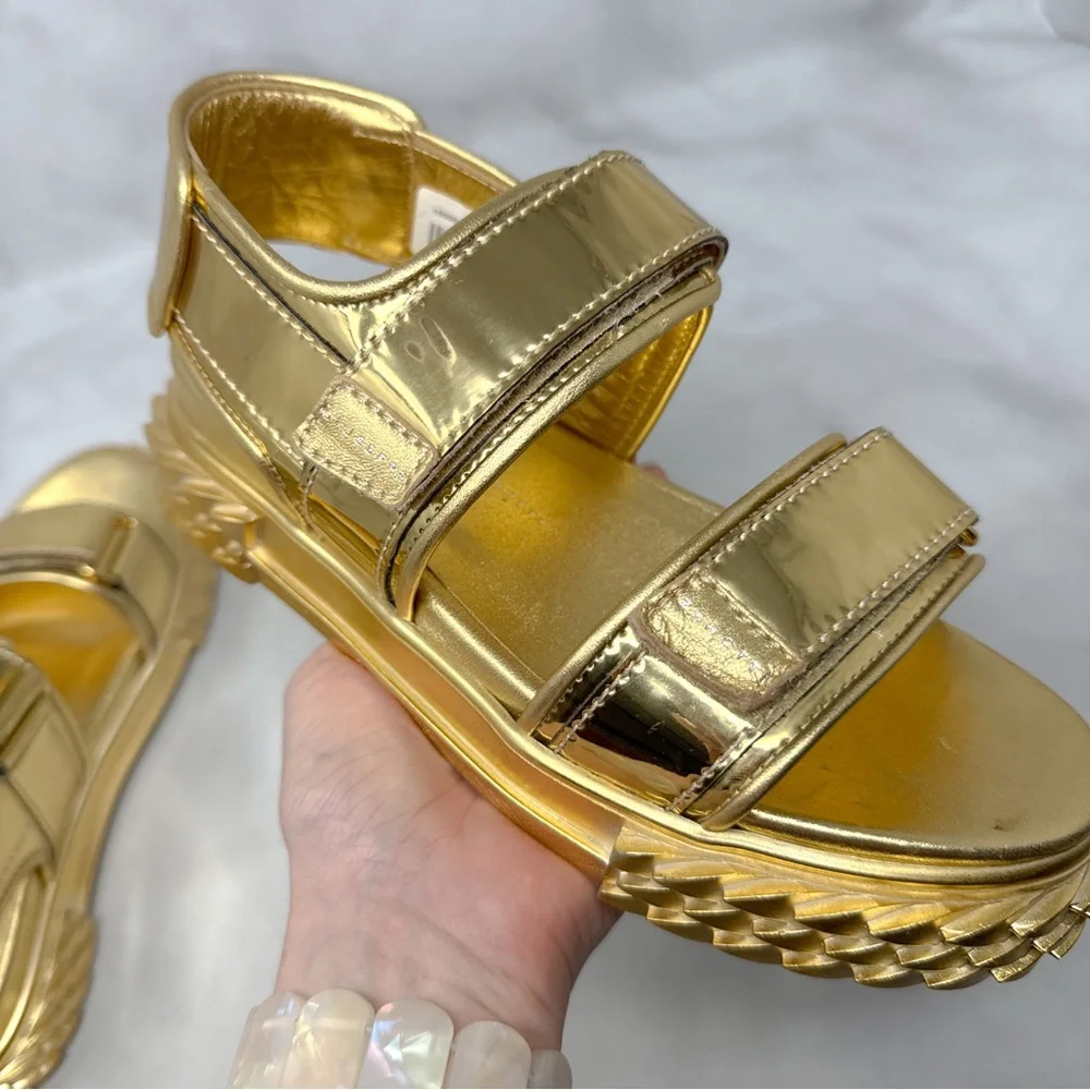 NEW Giuseppe Zanotti Blabber Gummy Chrome Gold Leather Platform Dad Sandals 36